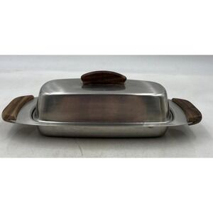 Vintage Stainless Steel Butter Dish MCM Wood Handles Japan Covered Lidded 18-8
